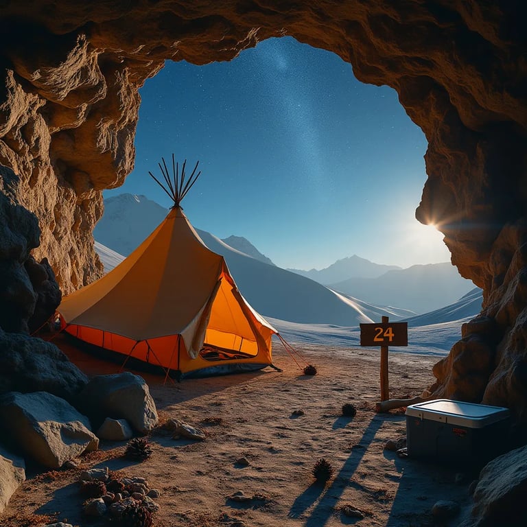 A tan tarp shelter rests in a quiet valley beneath a sky streaked with meteors. A wooden sign marked “24” and a cooler sit nearby, while pine cones and a small twig dot the ground. Framed by a cave entrance, the campsite looks peaceful and wild.