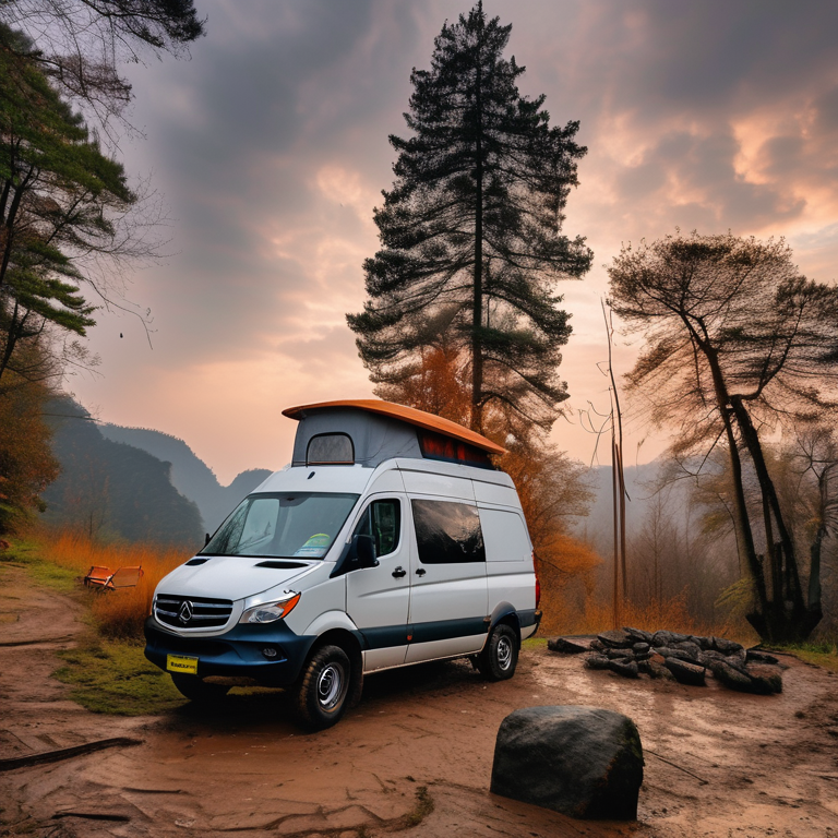 A gray and orange camper van rests on a quiet dirt patch among tall boulders and small trees. Stormy sunrise light gives the campsite a wild, peaceful feeling in Zhangjiajie, China.