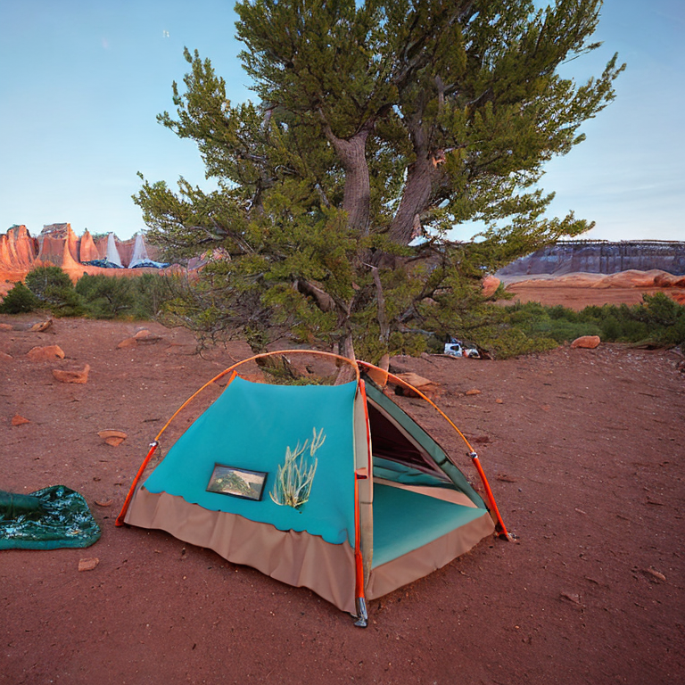 A teal tent rests beneath the glowing northern lights at Capitol Reef National Park. A warm campfire flickers beside a picnic table, while bushes and rocky ground surround the peaceful campsite.
