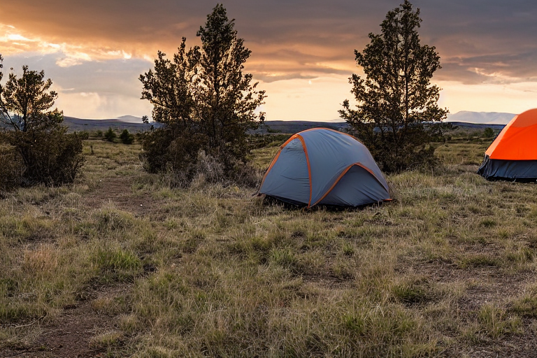 A gray and orange tent sits on a dirt campsite in the wide Idaho plains. Camping chairs and a backpack rest nearby, with a dusty hiking path leading into the distance. Stormy dusk clouds create a quiet, rugged mood.