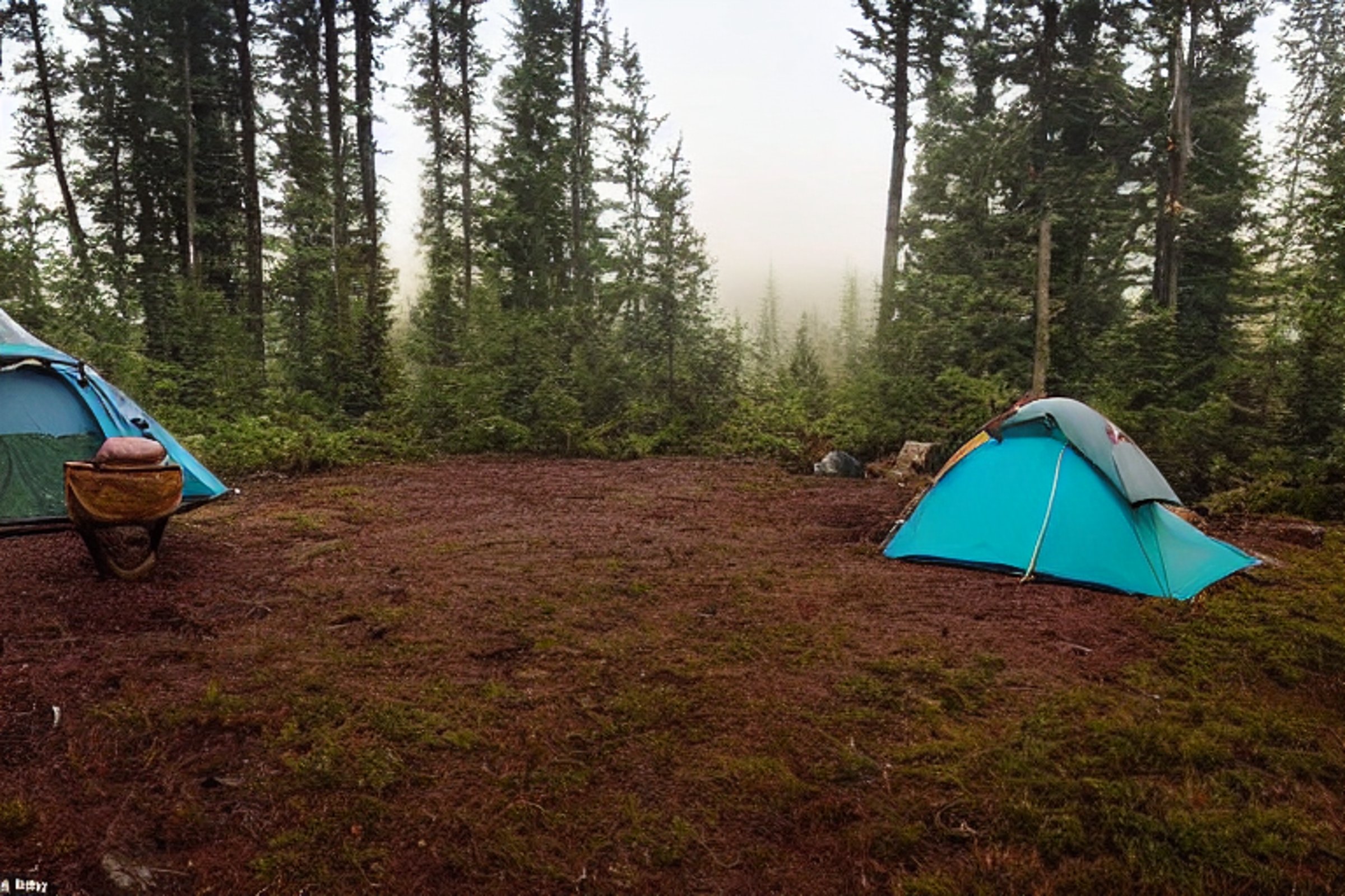 A bright teal tent rests beside a warm campfire in a quiet, overgrown forest. Fog drifts through the trees beneath a sky full of stars. Rocky ground, berry-covered bushes, and scattered twigs add a wild, cozy touch.