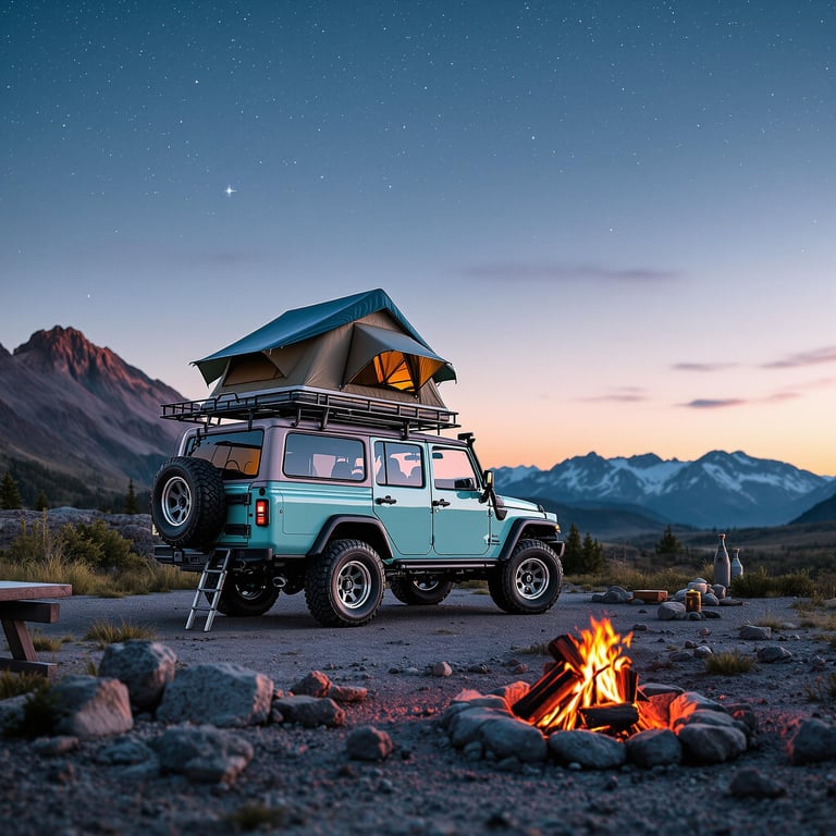 Nestled under a sparkling starry sky, this cozy campsite features a small SUV with a rooftop tent, perfect for adventure. The warm glow of a campfire lights up the rocky ground, with majestic mountains standing tall in the background. It's a peaceful spot where nature and excitement meet.