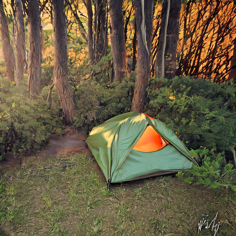 A green tent rests beside a crackling campfire on a dirt patch near a quiet creek. Tall bushes and colorful fall trees surround the campsite, while light rain adds a calm, cozy mood.