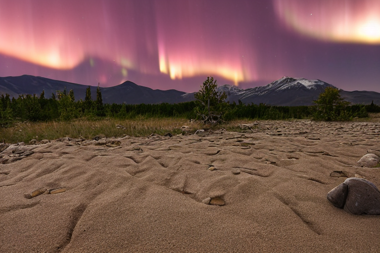 A cozy tan tent rests on a paved campsite beneath glowing green northern lights. Dark mountains and sandy dunes rise in the rainy night, with stones and a small twig scattered around the camp.
