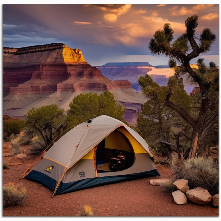 A tan tent rests on a dirt campsite beneath the colorful Grand Canyon sunset. A warm campfire glows nearby, with hikers, camping gear, small trees, and a large rock adding to the scene. Cloudy skies give the peaceful camp a cozy, adventurous feel.