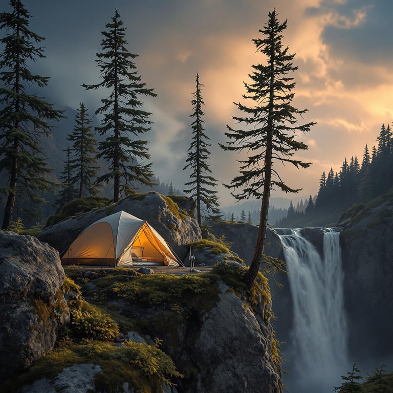 A cozy tent sits on a mountain beneath a dark, stormy sky. Seen through a waterfall, the campsite glows beside mossy trees, a campfire, and a large rock. A fishing rod rests against a tree nearby.