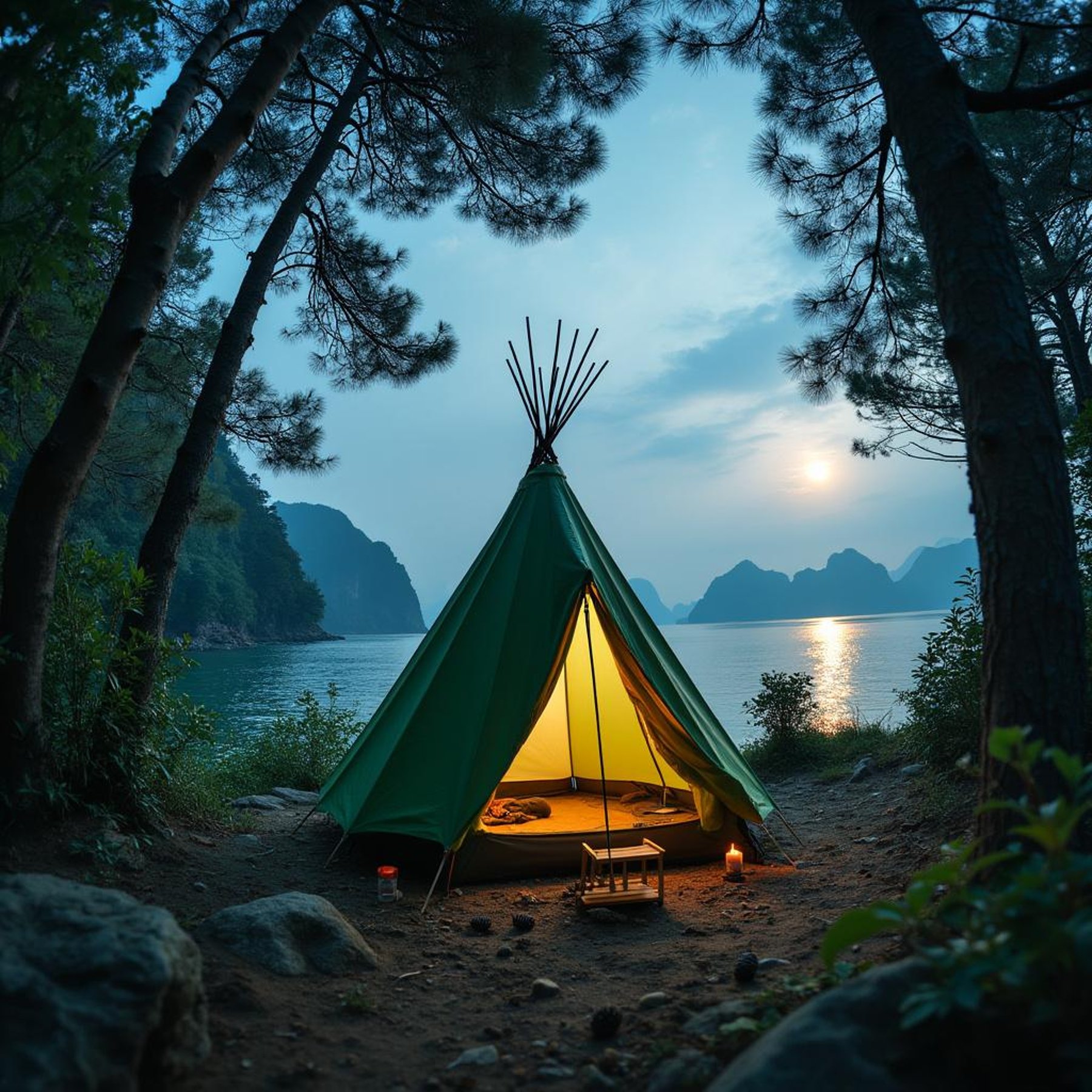 A forest-green tepee rests on rocky ground in the pine-filled beauty of Halong Bay. Seen from behind a waterfall, the campsite glows softly beneath the full moon, with pine cones scattered around the tent.