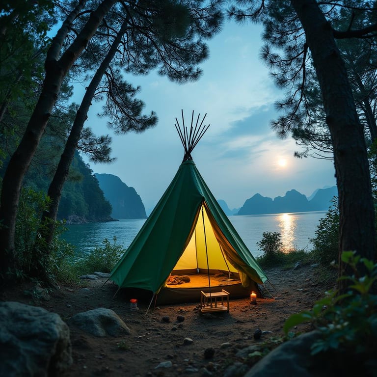 A forest-green tepee rests on rocky ground in the pine-filled beauty of Halong Bay. Seen from behind a waterfall, the campsite glows softly beneath the full moon, with pine cones scattered around the tent.