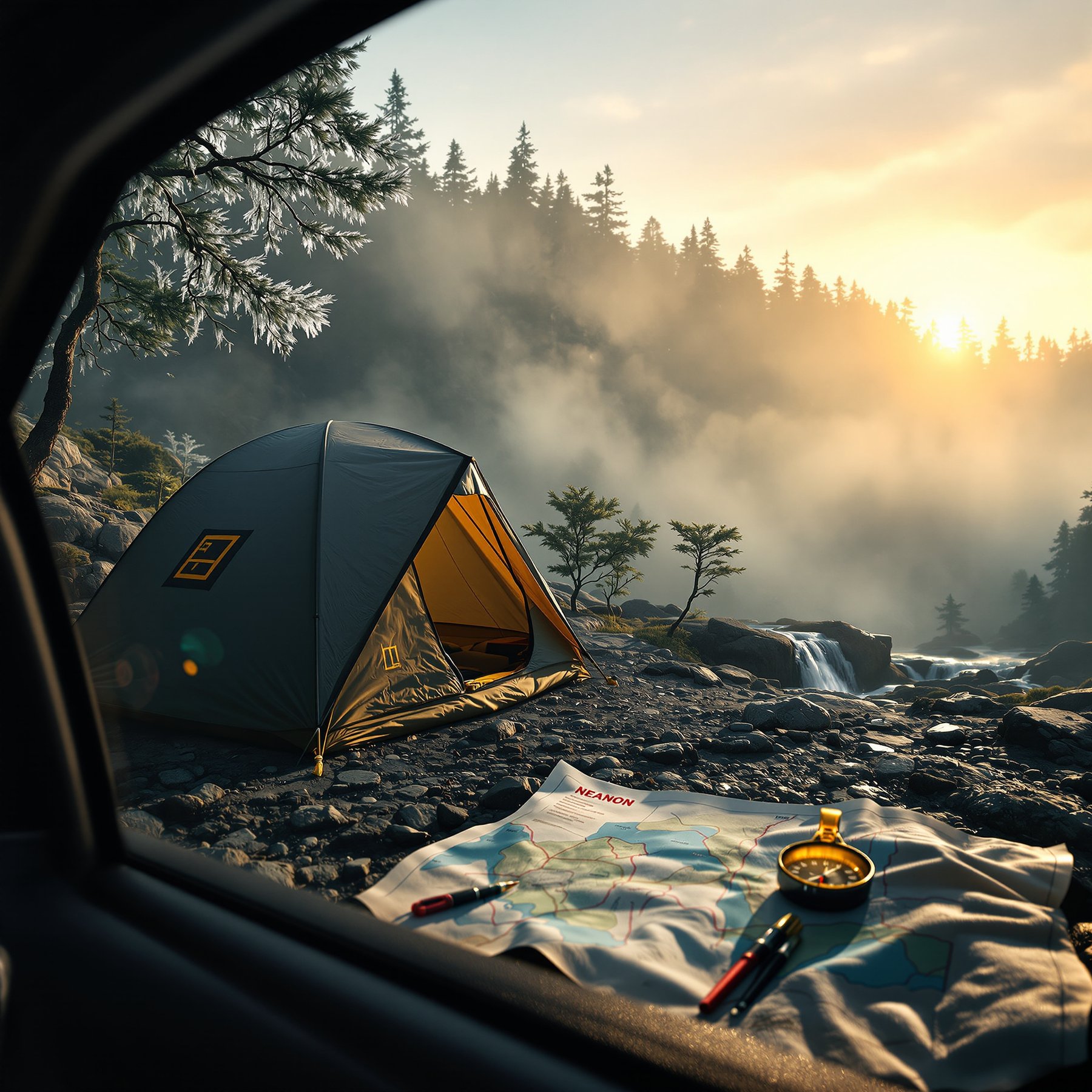This cozy tent sits by a sparkling river, surrounded by tall pine trees and misty mountains. The sun is rising, filling the air with a warm golden glow. A map and compass lie ready for adventure beside the peaceful water.