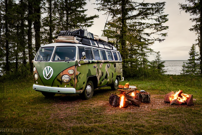 A green camo campervan rests at a sunny beach campsite beside the ocean. A guitar lies near the stone-ringed campfire, while a glowing tent and a deer add charm to the peaceful scene.