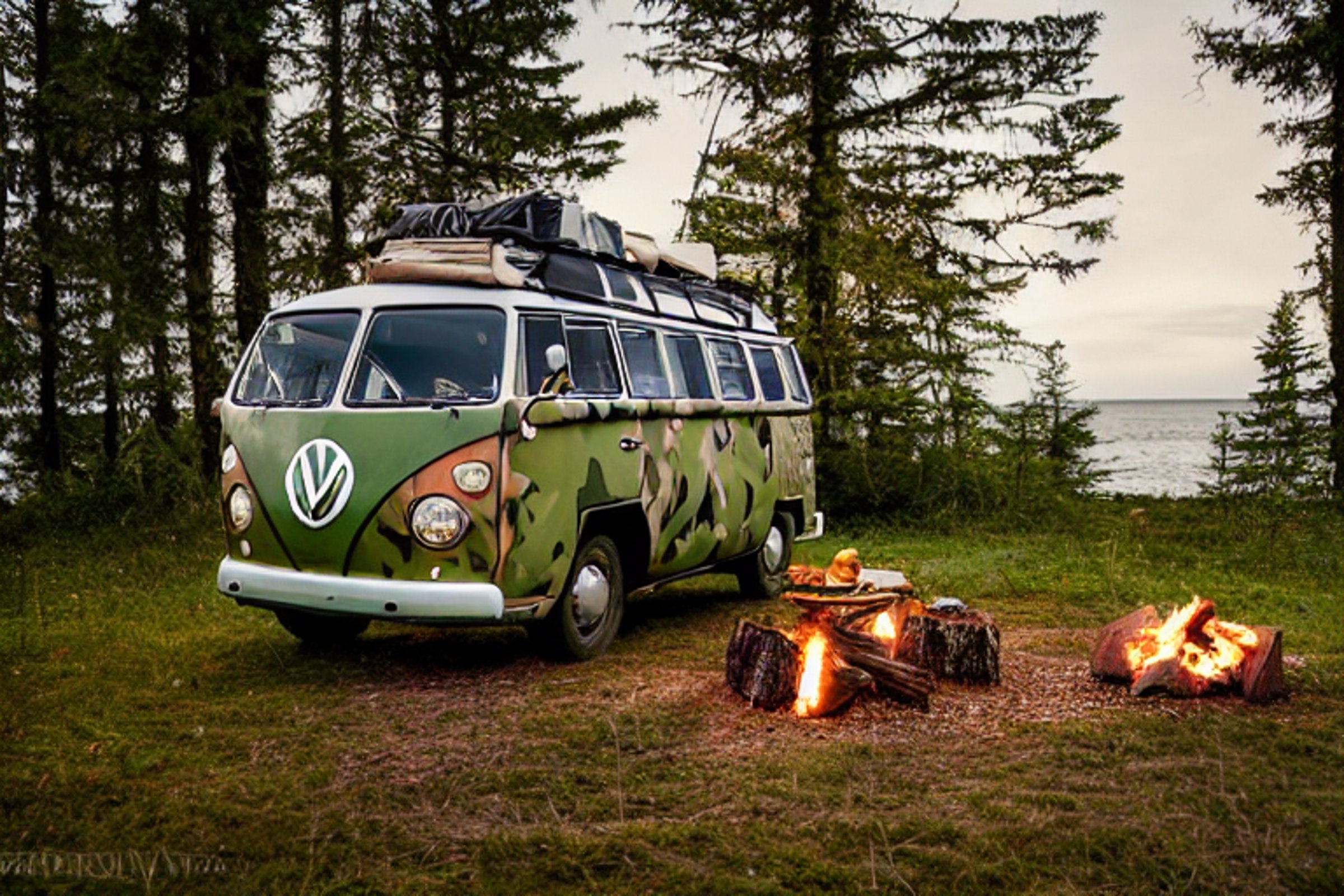 A green camo campervan rests at a sunny beach campsite beside the ocean. A guitar lies near the stone-ringed campfire, while a glowing tent and a deer add charm to the peaceful scene.