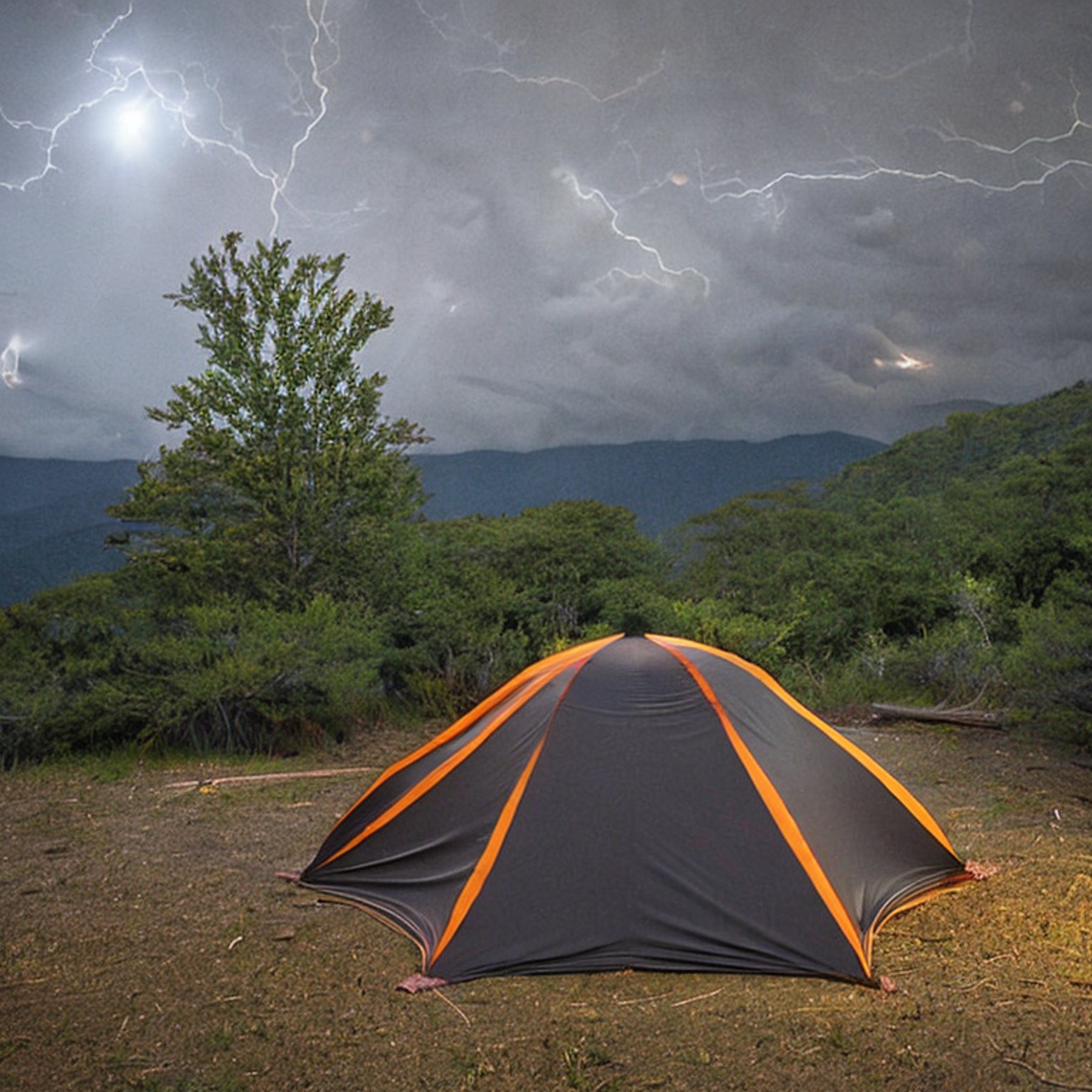 A black tent rests on a dirt clearing beneath a star-filled, stormy sky. A warm campfire glows beside a large log, while thick bushes and dark mountains surround the campsite.