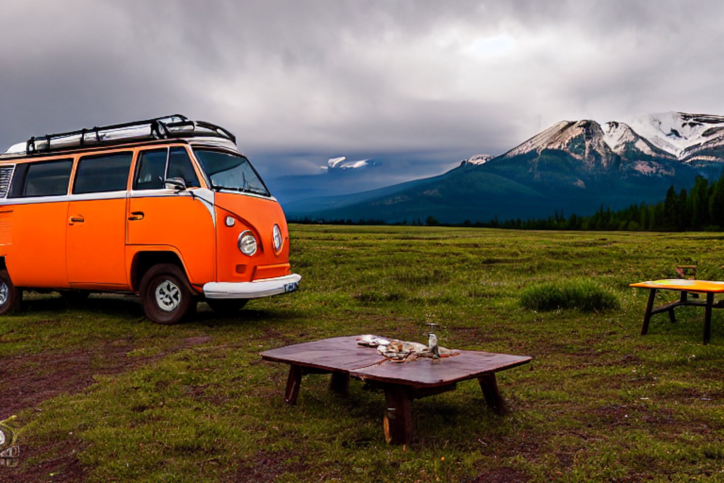 An orange campervan rests at a rainy campsite beneath glowing green northern lights. Hikers gather near a picnic table, while a wooden guitar lies beside the dirt clearing. Rugged Montana hills surround the peaceful night scene.