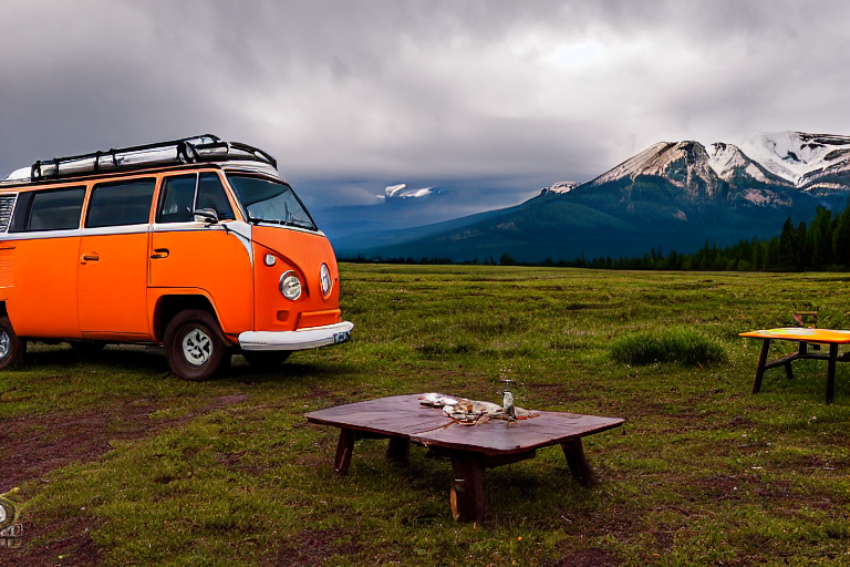 An orange campervan rests at a rainy campsite beneath glowing green northern lights. Hikers gather near a picnic table, while a wooden guitar lies beside the dirt clearing. Rugged Montana hills surround the peaceful night scene.