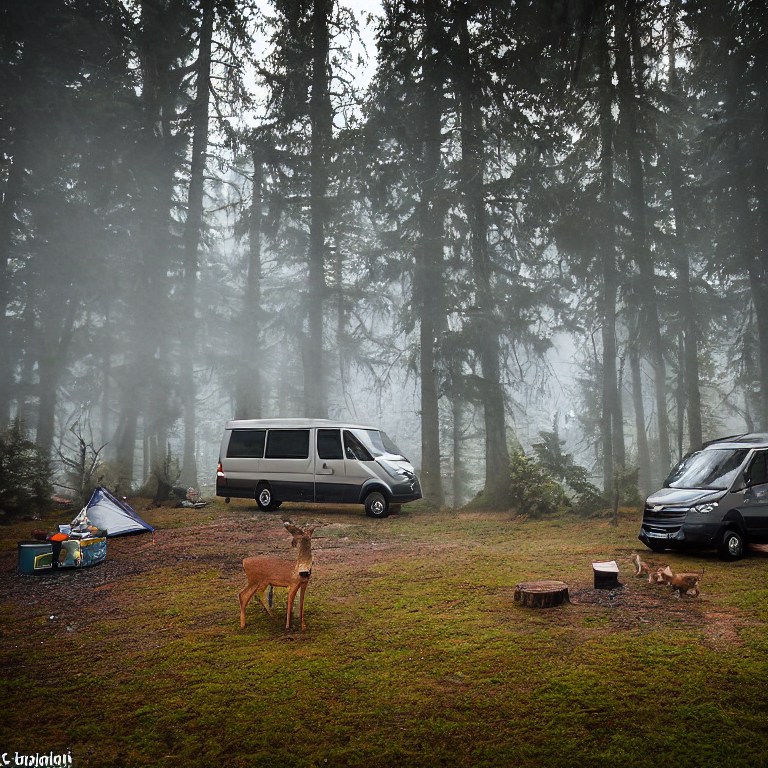 A cozy camper van rests beside a warm campfire in a foggy forest at sunrise. Tall trees surround the dirt campsite, with stones and camping gear nearby. A deer stands quietly in the distance.