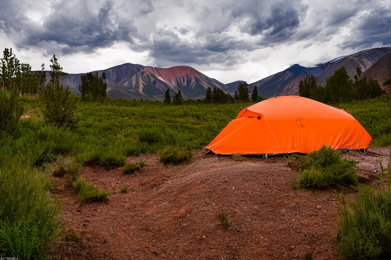 An orange tent rests on a quiet dirt campsite beneath the cloudy night sky. Small trees and ferns surround a clear stream, while hikers enjoy the peaceful Great Sand Dunes landscape.
