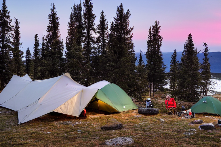 A green tent rests on a rocky campsite in Montana as snow falls softly around it. The sunset paints the rough hills with warm light, while a distant camper shines a flashlight.