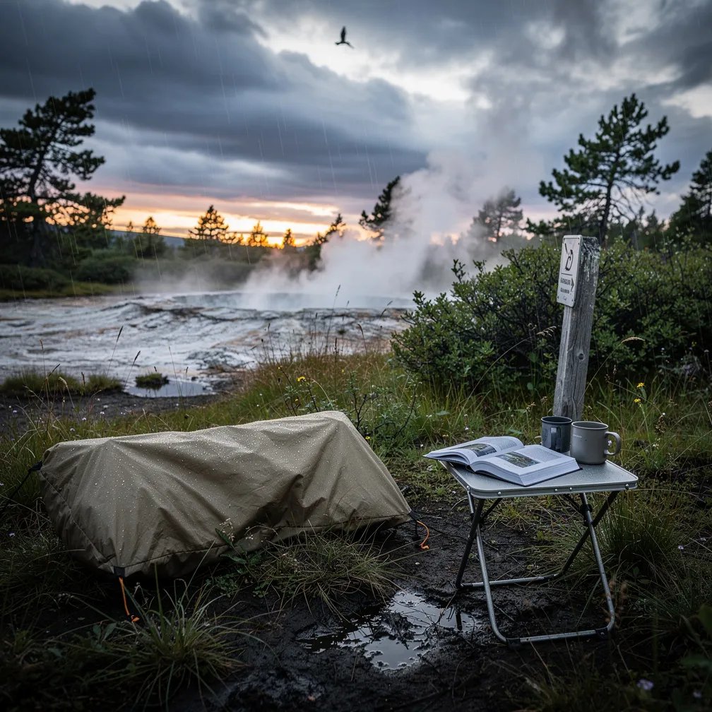 A quiet meadow campsite sits beside a steaming geyser as dusk turns the sky dark and stormy. Wet grasses and small pine trees shine under a soft drizzle, and a warm glow lingers on the horizon. A sand-colored bivy rests on the damp earth near a little table with an open book, while a lone bird glides high above.