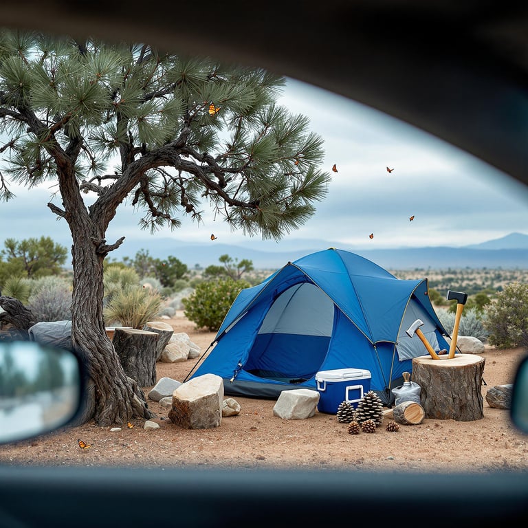 A cozy blue tent sits under a big, friendly tree in a sandy desert. Butterflies gently float around, adding a touch of magic to the peaceful scene. Nearby, handy tools and a cooler promise a fun adventure in the great outdoors.