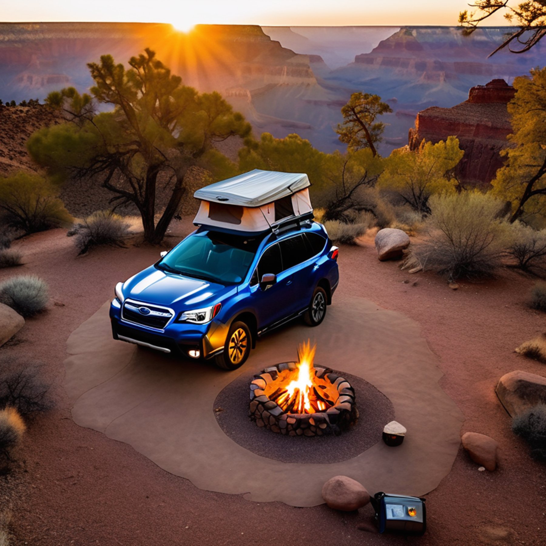A blue Subaru rests at a sunny campsite near the Grand Canyon, with its rooftop tent open for the night. Fall-colored trees, large boulders, and a stone-ringed campfire create a warm, peaceful setting. A lantern glows beside the dirt path as the sun sets.