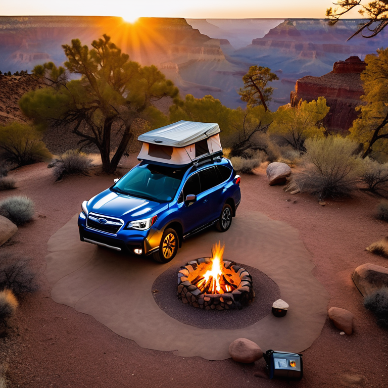 A blue Subaru rests at a sunny campsite near the Grand Canyon, with its rooftop tent open for the night. Fall-colored trees, large boulders, and a stone-ringed campfire create a warm, peaceful setting. A lantern glows beside the dirt path as the sun sets.