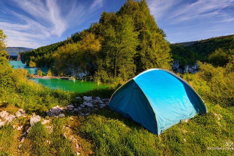 A bright blue tent rests beside a warm campfire on a rough, grassy campsite. A dirt trail winds through Plitvice Lakes National Park, with hikers nearby and golden sunlight shining under a clear sky.