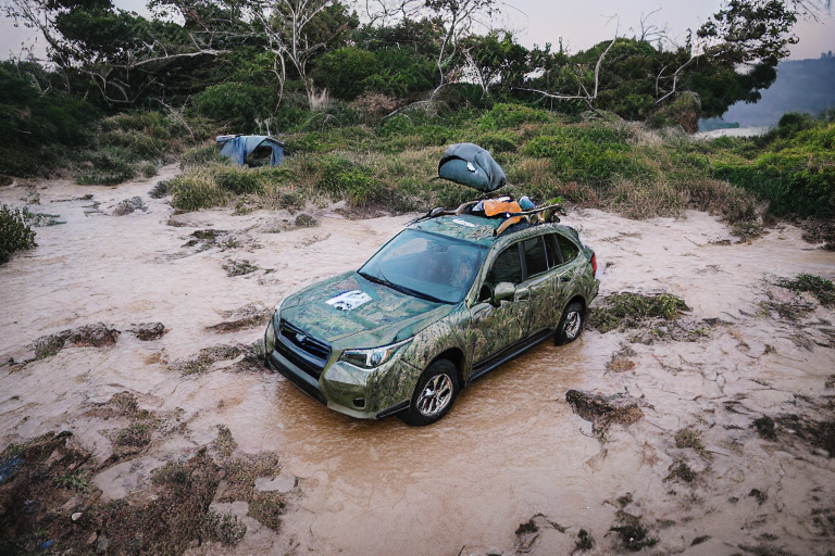 A green camo Subaru rests at a sandy campsite near San Diego Beach, with a rooftop tent open for the night. A small stream winds through the dirt as golden light shines under cloudy skies. Camping gear and a backpack sit nearby, with the moon rising in the distance.
