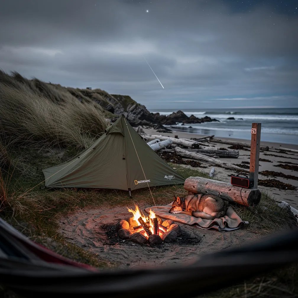 A quiet campsite sits by a hidden ocean cove, with tall windy grass and dark rocks along the shore. An army-green tent glows softly from a small fire, while a dog sleeps curled up nearby. Driftwood lies on the damp sand, and a weathered sign marked “26” stands at the edge. Above, the first stars peek out in the cool twilight sky.