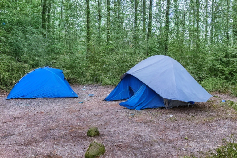A blue and gray tent rests on a quiet paved campsite in an overgrown forest. Stars shine brightly above the small trees and large stone slabs. A wooden guitar lies near the tent beside a dirt patch, creating a peaceful nighttime retreat.