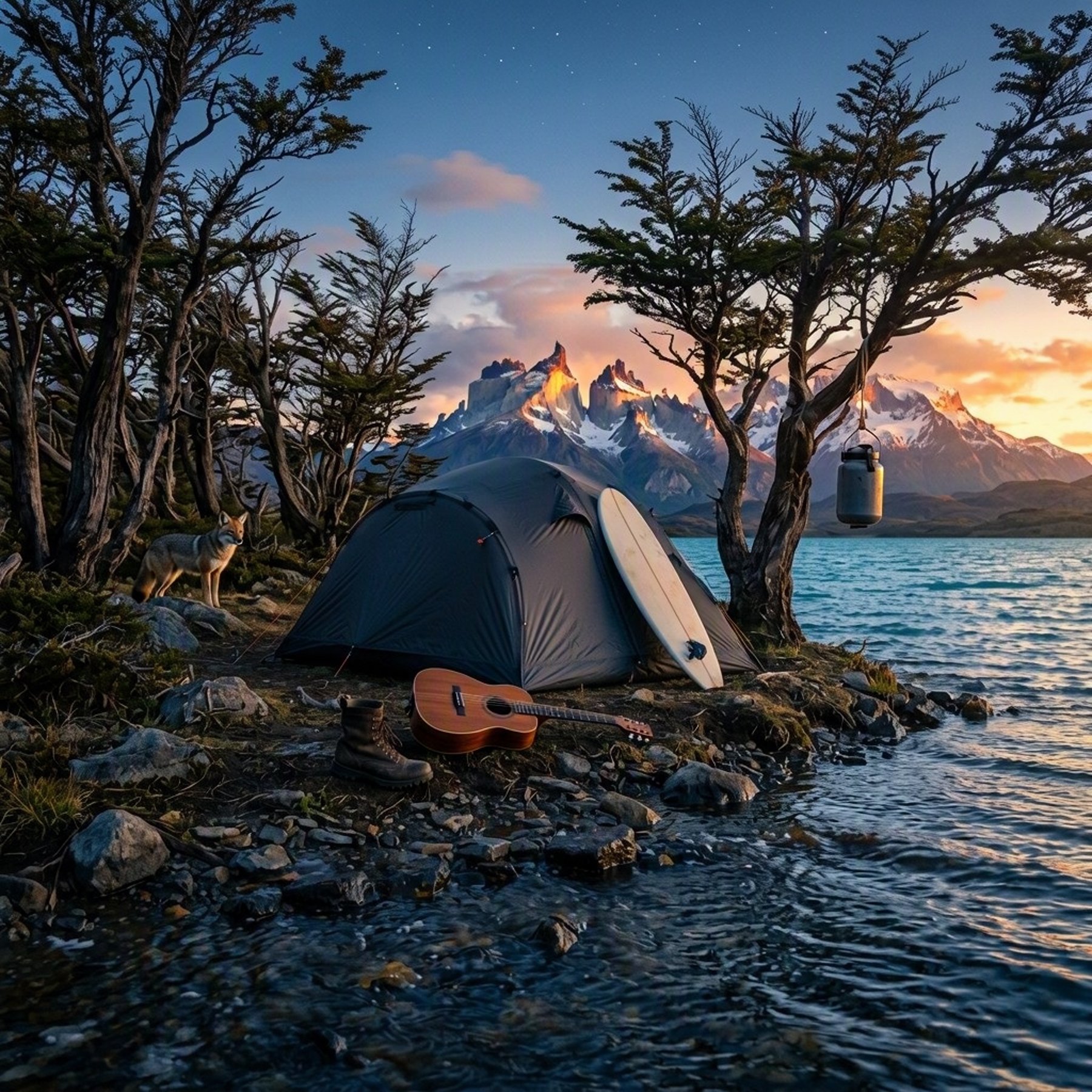 A quiet campsite rests beside the calm blue waters of Lago Pehoé, shaded by wind-shaped trees. Warm sunrise light glows on the dark tent, guitar, and surfboard, while a narrow stream slips into the lake. A lone fox watches from the trees as fading stars shine above.