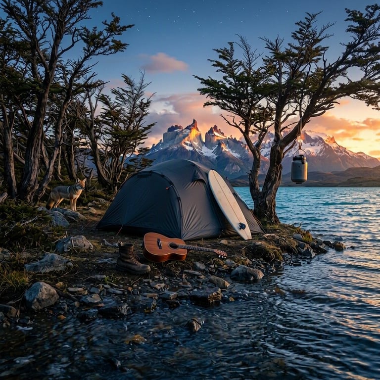 A quiet campsite rests beside the calm blue waters of Lago Pehoé, shaded by wind-shaped trees. Warm sunrise light glows on the dark tent, guitar, and surfboard, while a narrow stream slips into the lake. A lone fox watches from the trees as fading stars shine above.