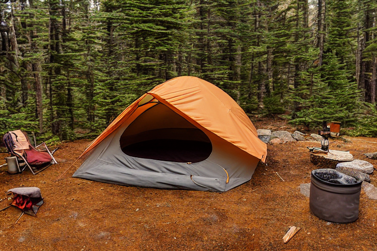 A tan tent rests on a dirt clearing in Acadia National Park. A small campfire warms nearby chairs and a large log, while a clear stream winds through the campsite. Soft golden light glows through the fog, creating a calm, cozy mood.