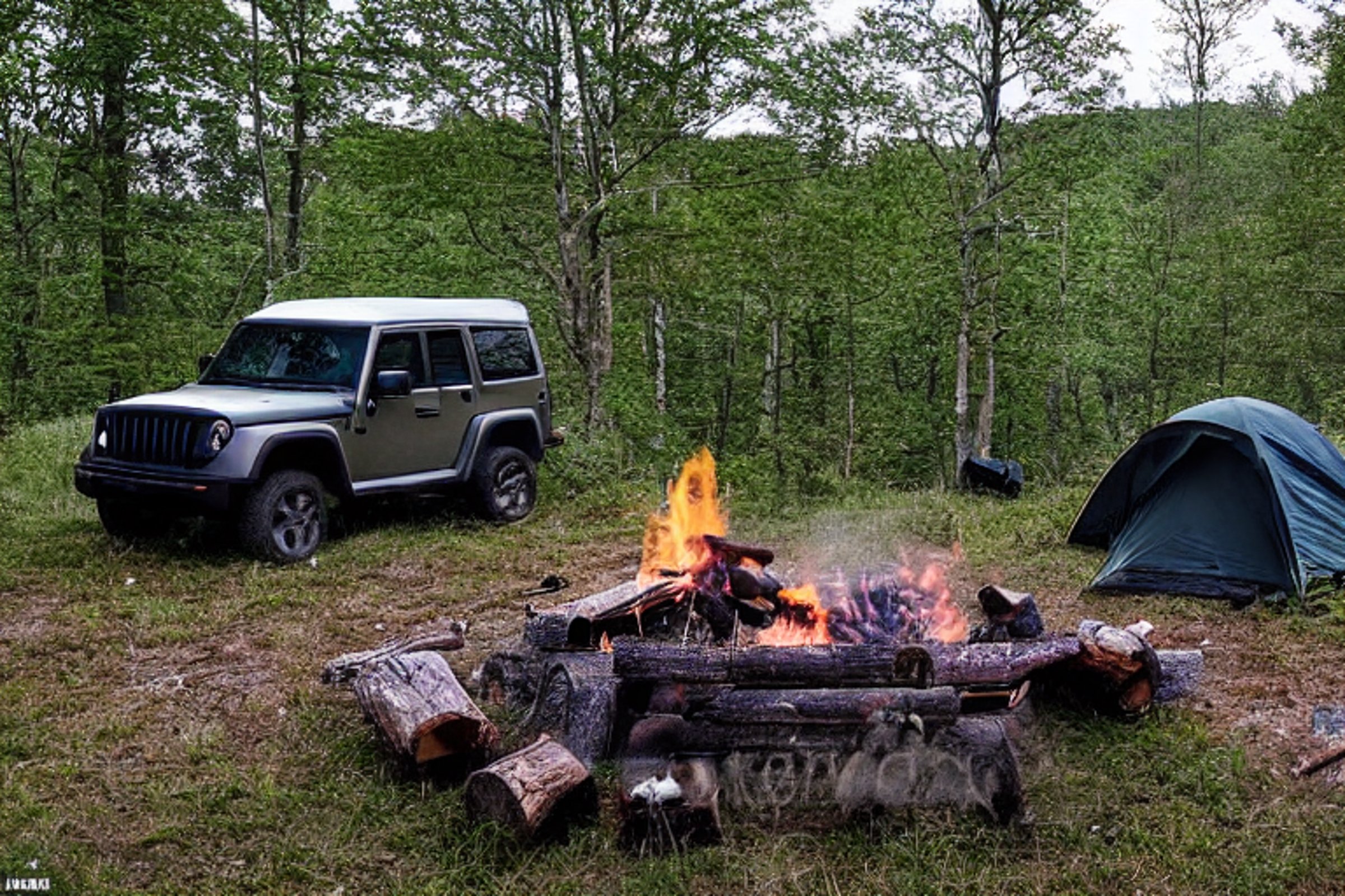 A black Jeep with a rooftop tent rests beside a warm campfire on a grassy dirt clearing. Rainy morning light shines through the trees, with a quiet stream nearby and deer in the distance.