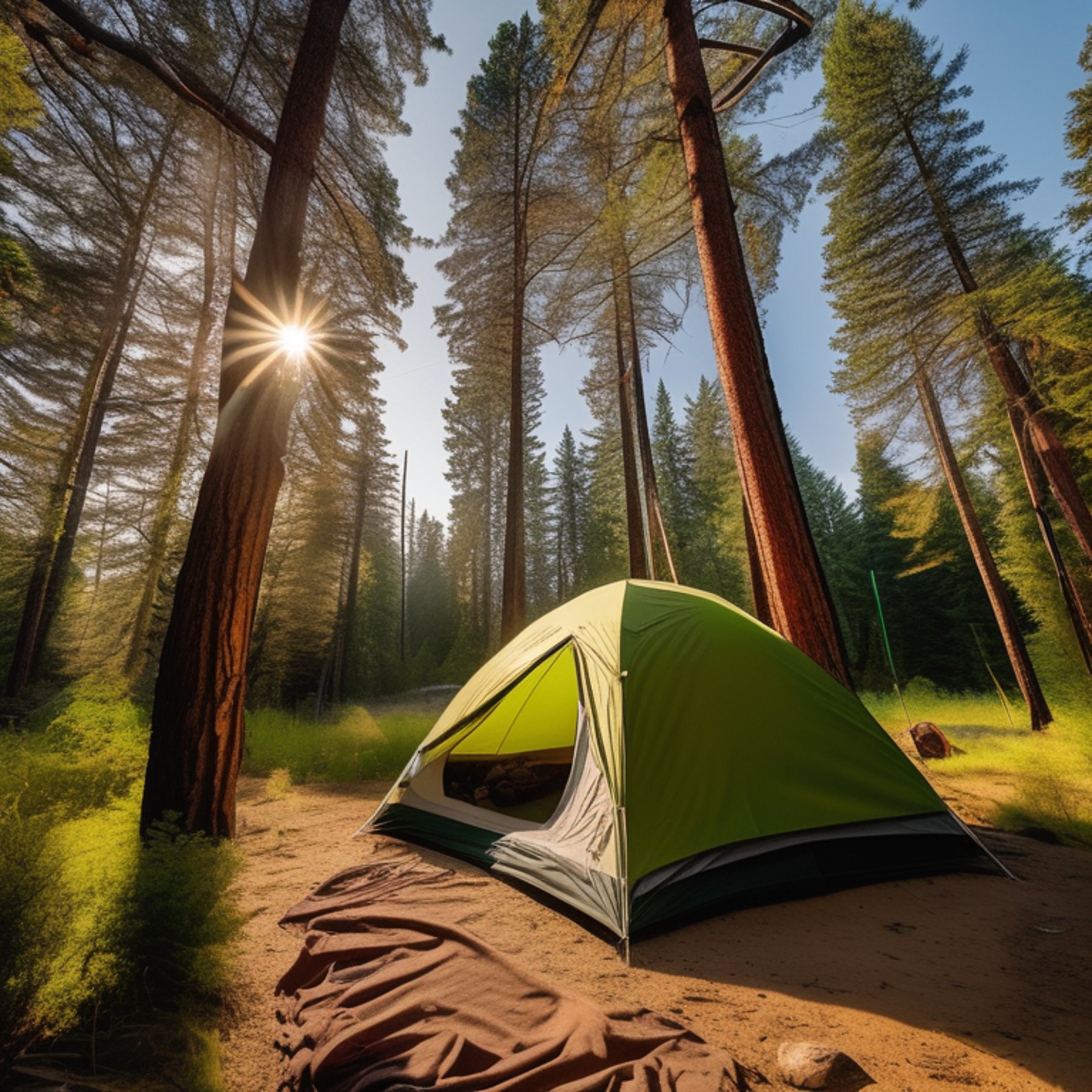 A green tent rests on a dirt clearing in an overgrown forest. Sunrise light shines through the tall trees, while a flashlight glows inside the tent. Boulders and a clothesline with drying clothes add a cozy, lived-in feel.