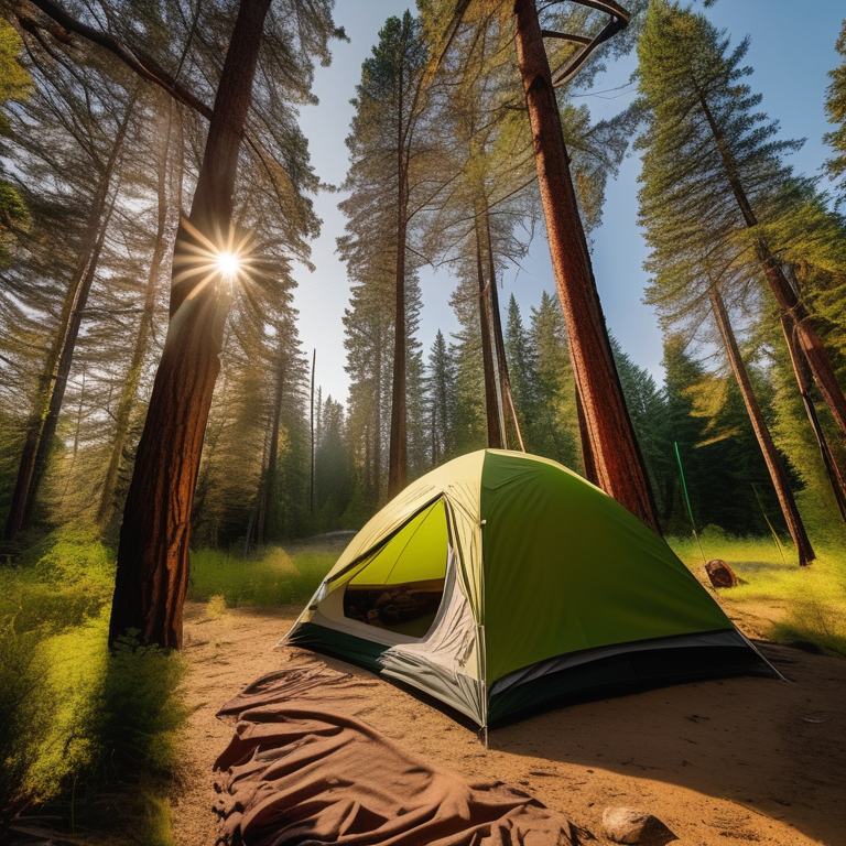 A green tent rests on a dirt clearing in an overgrown forest. Sunrise light shines through the tall trees, while a flashlight glows inside the tent. Boulders and a clothesline with drying clothes add a cozy, lived-in feel.