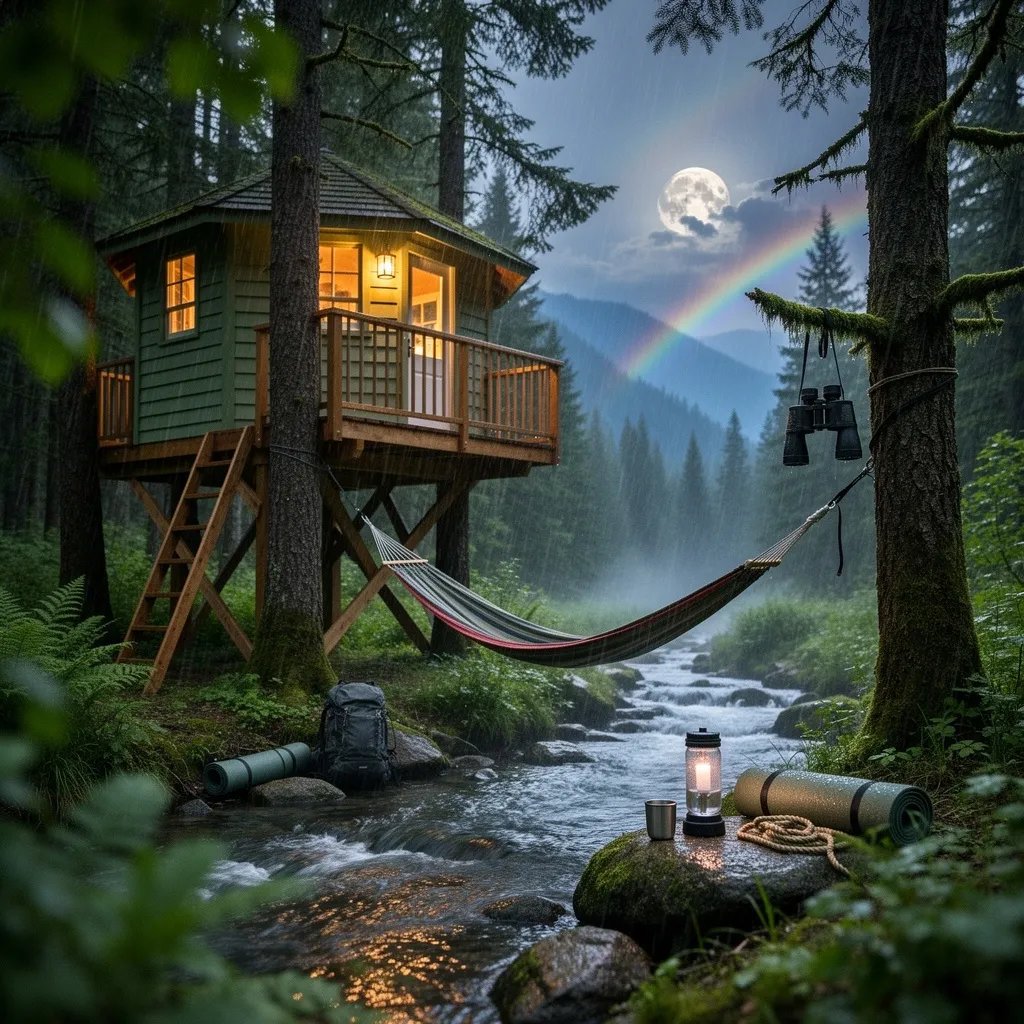 A cozy treehouse glows warmly above a quiet forest creek at dusk. Soft rain falls on the shiny, wet leaves while mist rises from the water. A rainbow curves over distant hills as the moon peeks through the clouds. A hammock and neat camping gear wait peacefully under the tall, dark evergreens.
