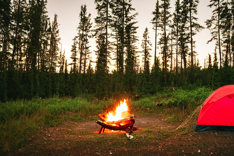 A red and white tent rests on a quiet dirt campsite in North Shore, Minnesota. A small campfire glows beside a large log, with trees and a cloudy sky all around. The rainy golden-hour light gives the scene a warm, peaceful feel.