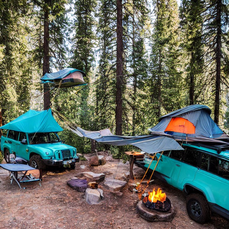 A teal Jeep with a rooftop tent rests in a snowy Yosemite campsite. A hammock hangs between the trees, while a lantern and a log fire create a warm, cozy feeling.