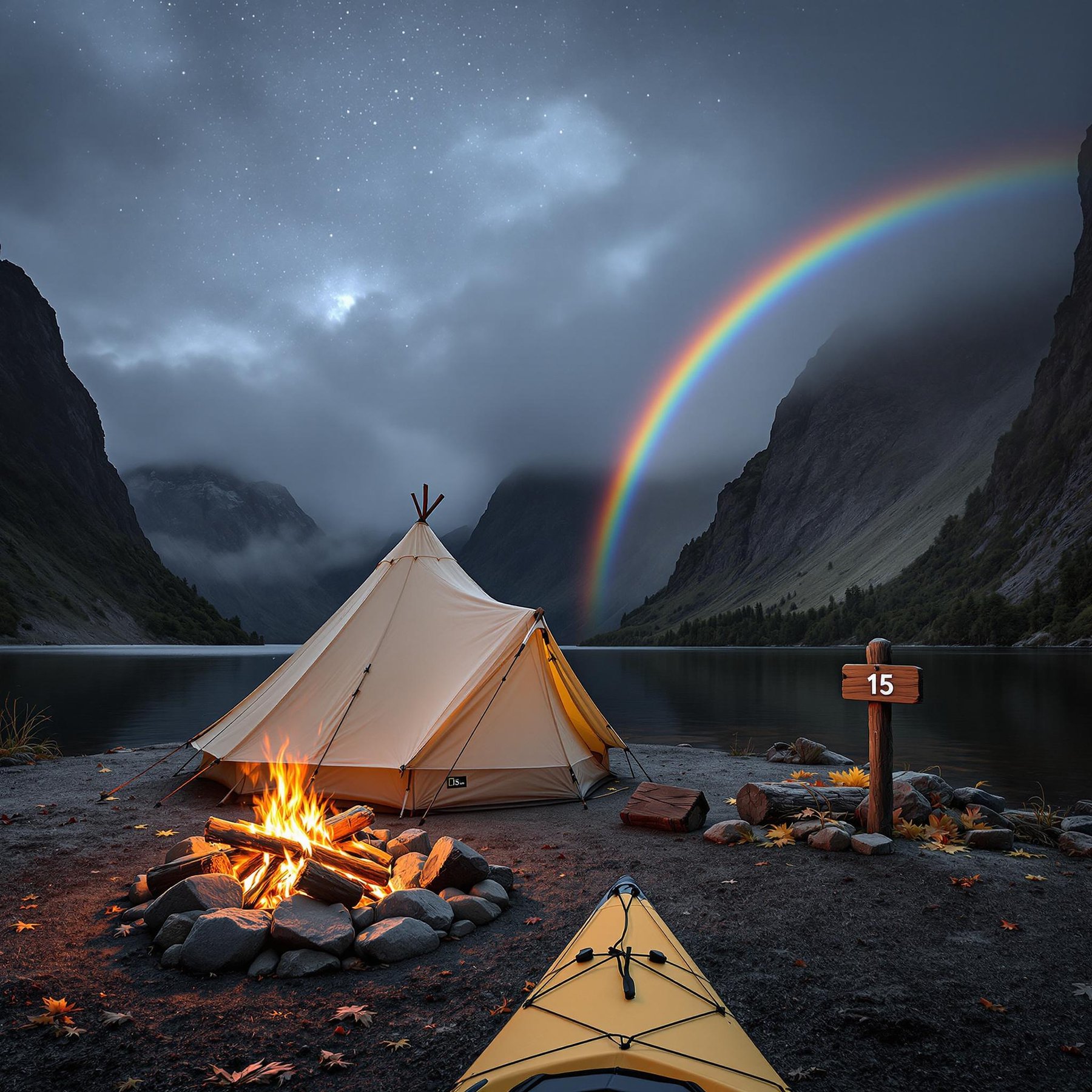 A cozy tent sits by a sparkling lake surrounded by tall mountains, with a colorful rainbow lighting up the sky. A warm campfire crackles gently, inviting you to relax and enjoy the peaceful night. The stars twinkle above, making it feel like a magical camping adventure.