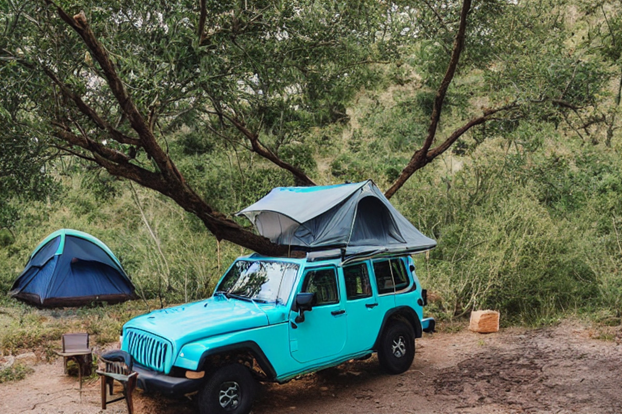 A teal Jeep with an open rooftop tent rests on a dirt campsite in Santorini as storm clouds gather at sunset. A hammock hangs from a nearby tree, while a guitar and berry bush sit beside a stone-ringed campfire.