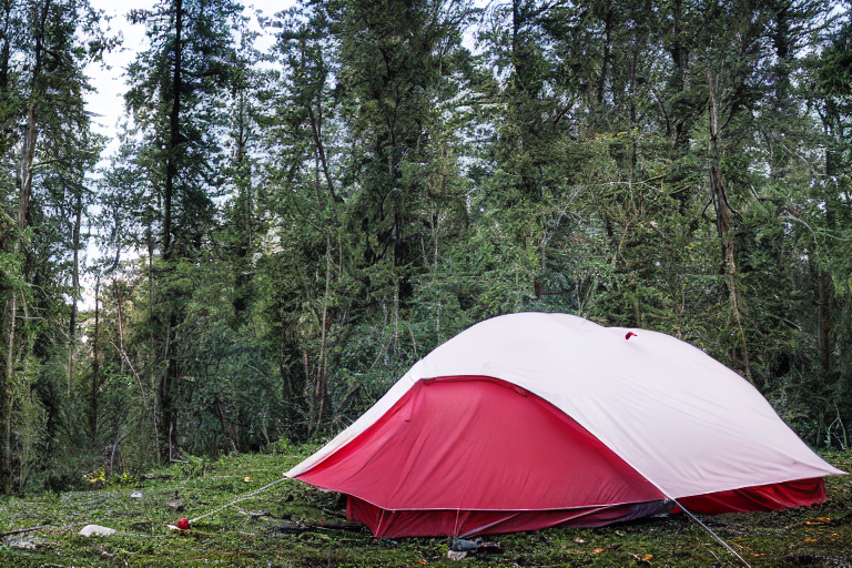 A red and white tent rests on a paved campsite in a wild, overgrown forest. Tall trees and large boulders surround a muddy clearing, while clothes hang from a nearby line. Rain falls beneath a sky filled with bright stars.