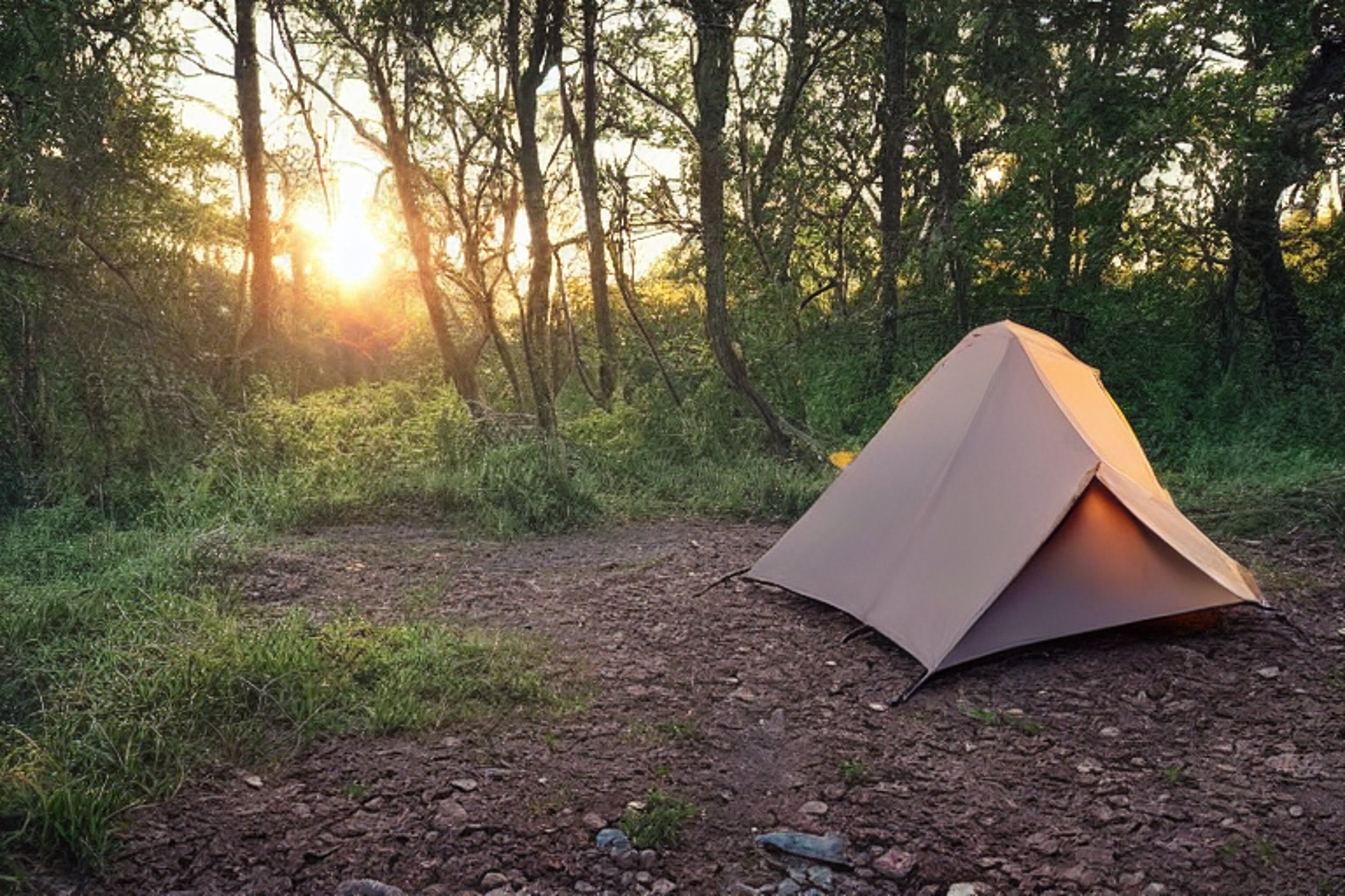 A brown tent rests in a quiet forest clearing as the sun sets. A warm campfire glows beside the stone-covered ground, while a deer watches from the trees. A distant camper’s flashlight adds a tiny spark of light.