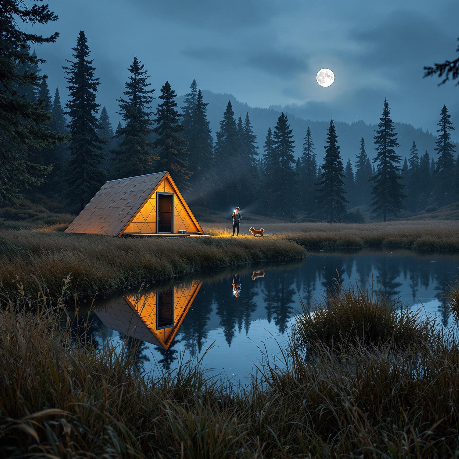 A cozy tent glows by a calm lake, surrounded by tall pine trees under a bright full moon. The air feels peaceful and quiet, perfect for camping with a friend or a dog. Grass and water make it feel wild and magical.
