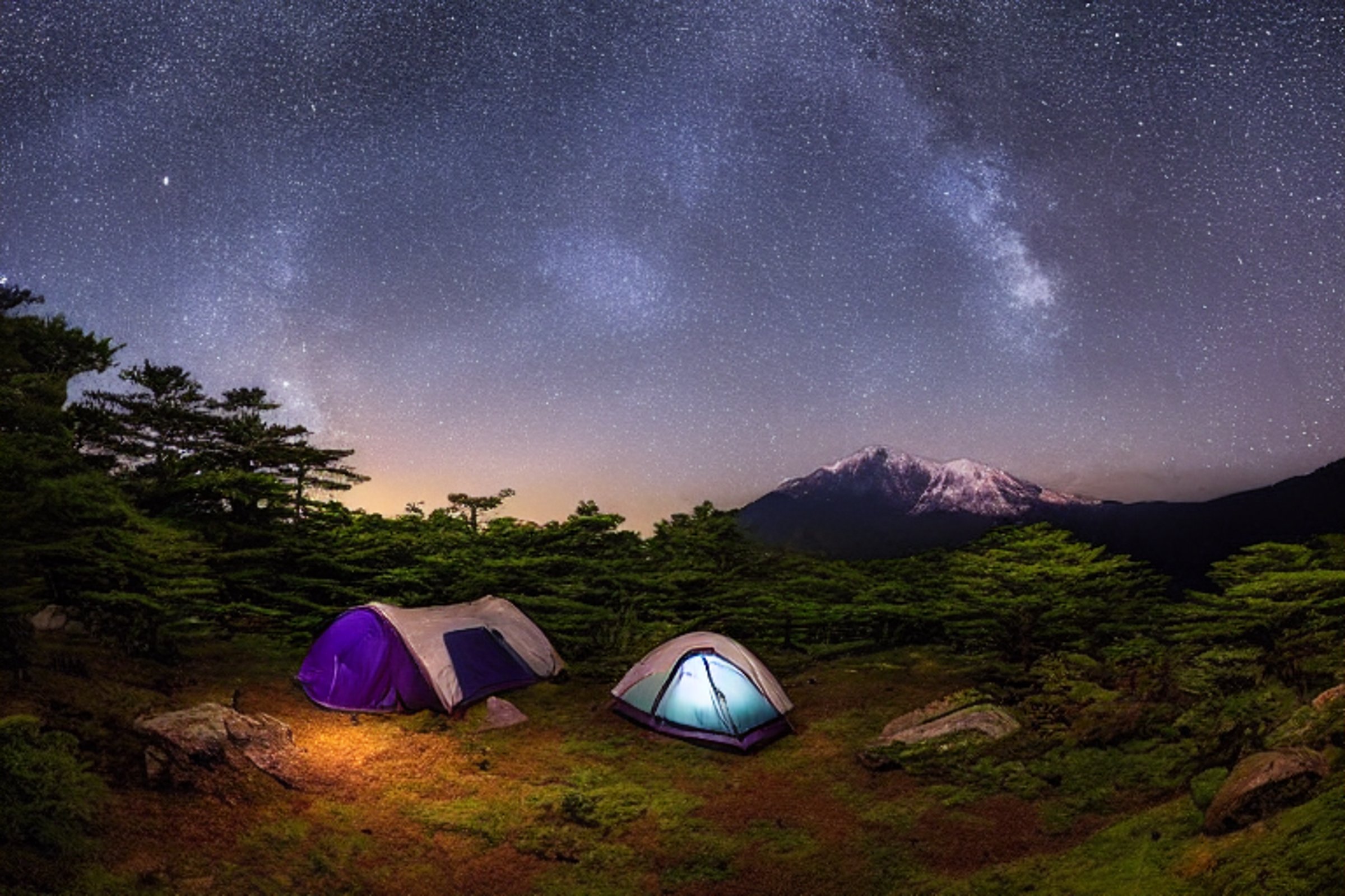 A green tent rests beside a warm campfire in a snowy forest on Miyajima, Japan. Tall trees, ferns, boulders, and a winding dirt path surround the campsite beneath a sky full of stars.