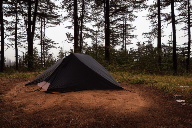 A black tent rests on a rough dirt campsite beside the dark ocean. A warm campfire glows near a large log, while a winding path fades into the fog.