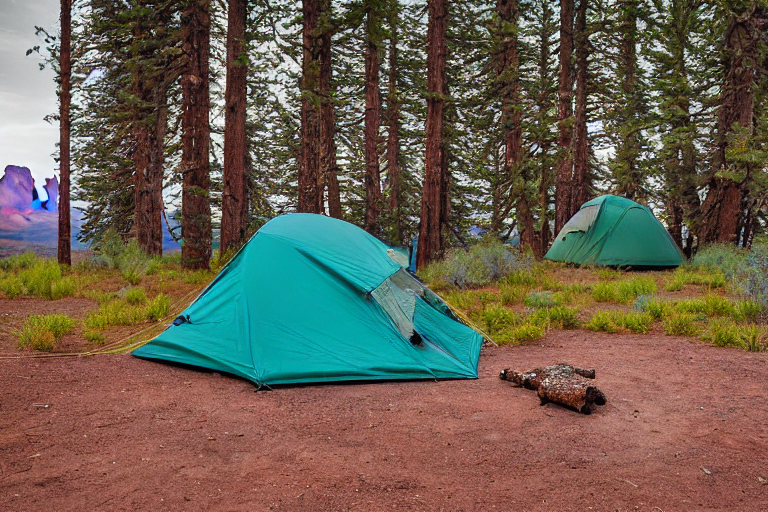 A teal tent rests on a quiet gravel campsite in foggy Monument Valley. A small campfire sits among the logs, while mossy trees and a distant deer add a peaceful, wild touch.