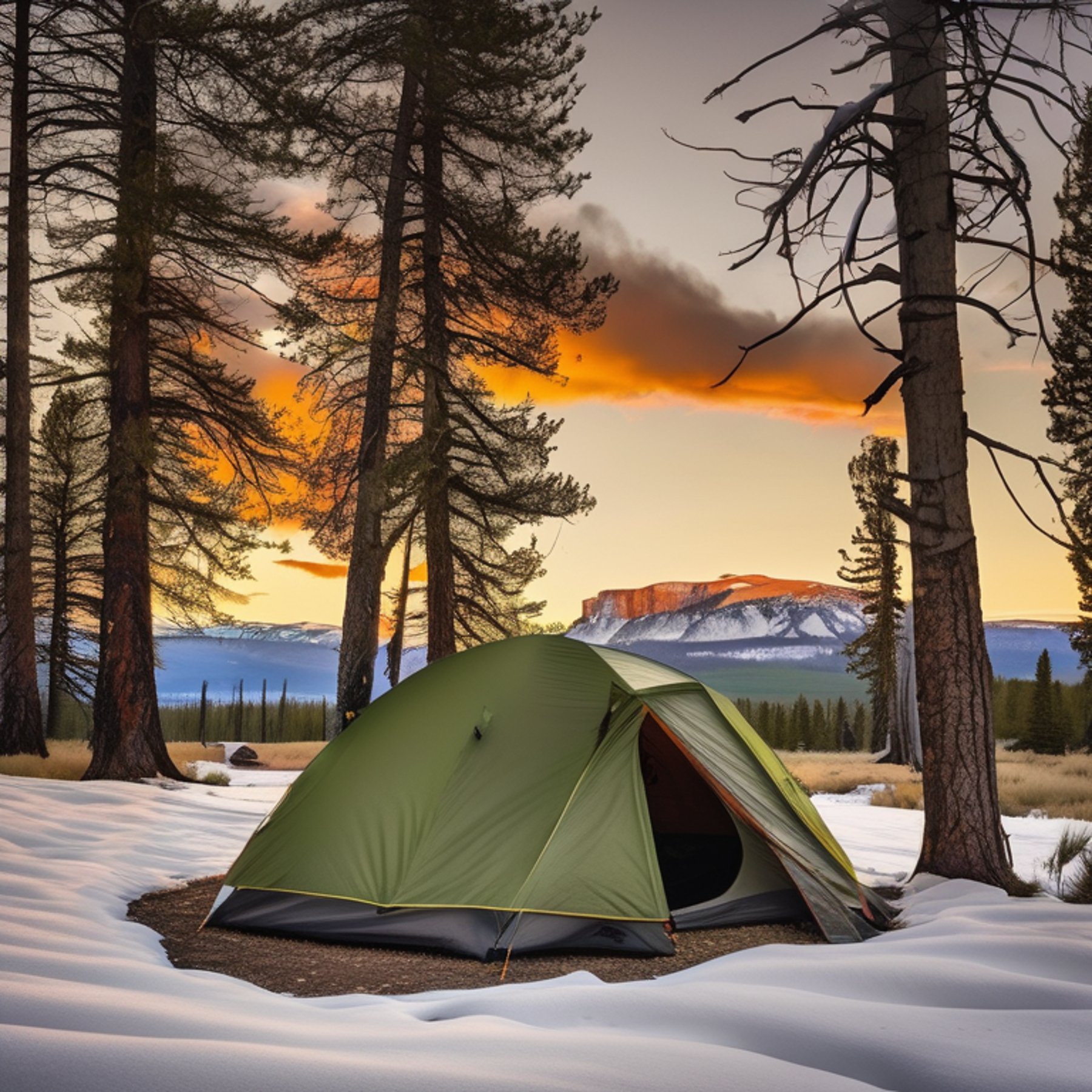 A green camo tent rests on a dirt patch in snowy Yellowstone. A warm campfire glows beside large stone slabs, while hikers gather nearby with camping gear. Sunset light shines through the quiet forest.