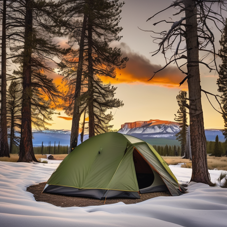 A green camo tent rests on a dirt patch in snowy Yellowstone. A warm campfire glows beside large stone slabs, while hikers gather nearby with camping gear. Sunset light shines through the quiet forest.