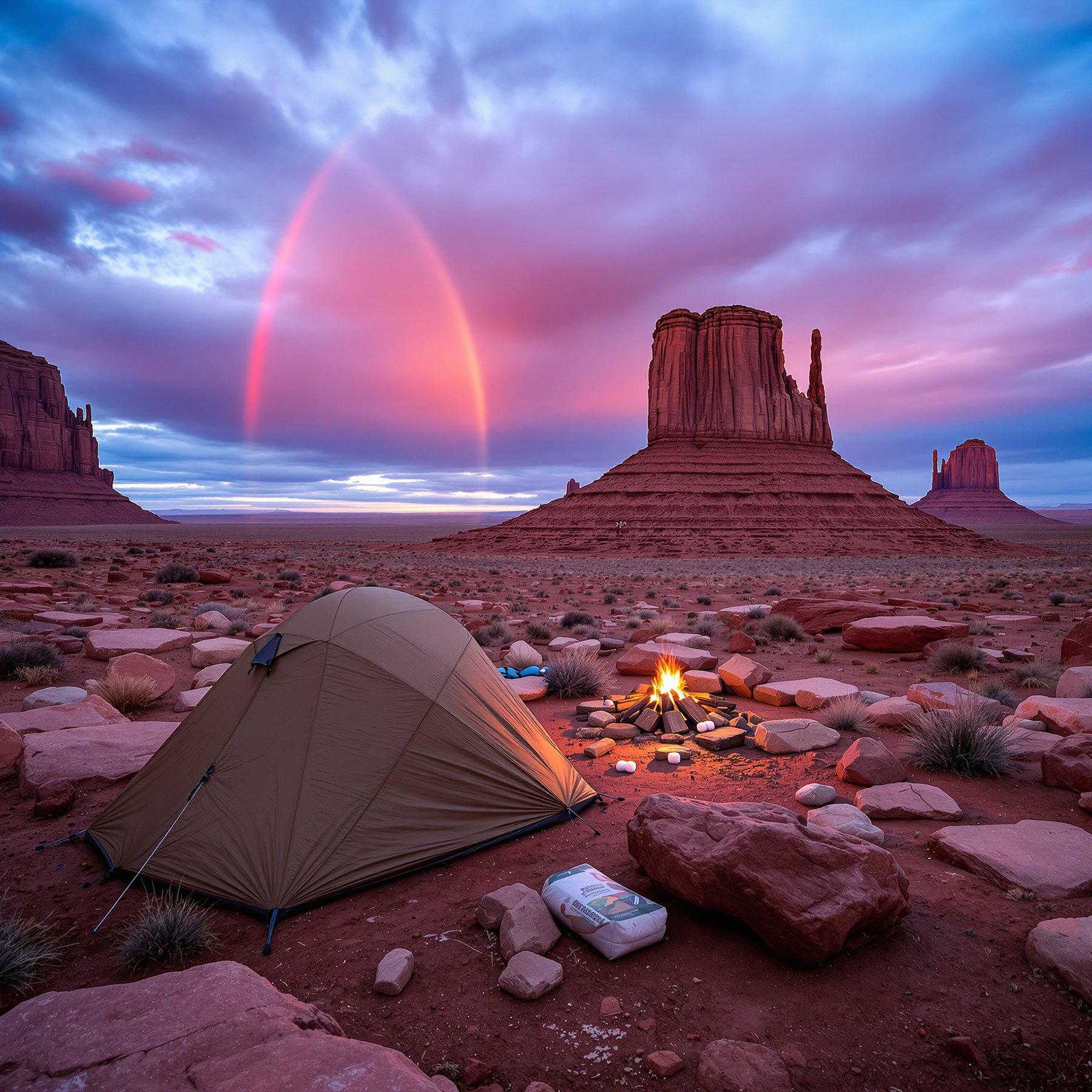 This campsite sits in a quiet desert with big red rocks and a glowing campfire. A beautiful rainbow lights up the colorful sky at sunset. It feels calm, open, and full of adventure.
