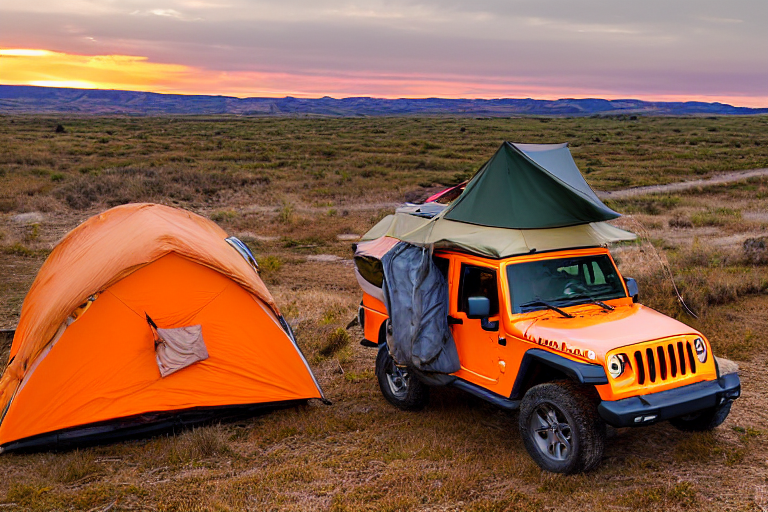 An orange Jeep with a rooftop tent rests on a rough dirt campsite in the snowy Idaho plains. Birds fly across the dusky sky, while a backpack and camping gear sit nearby.